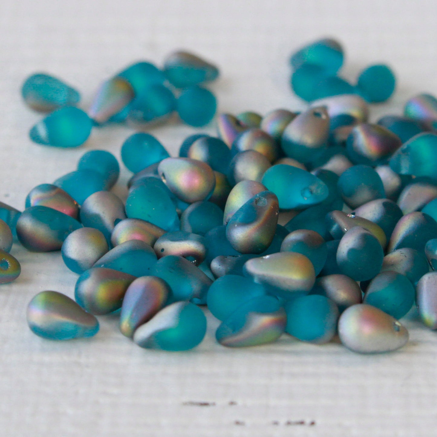4x6mm Glass Teardrop Beads - Frosted Aqua & Silver - 100 Beads