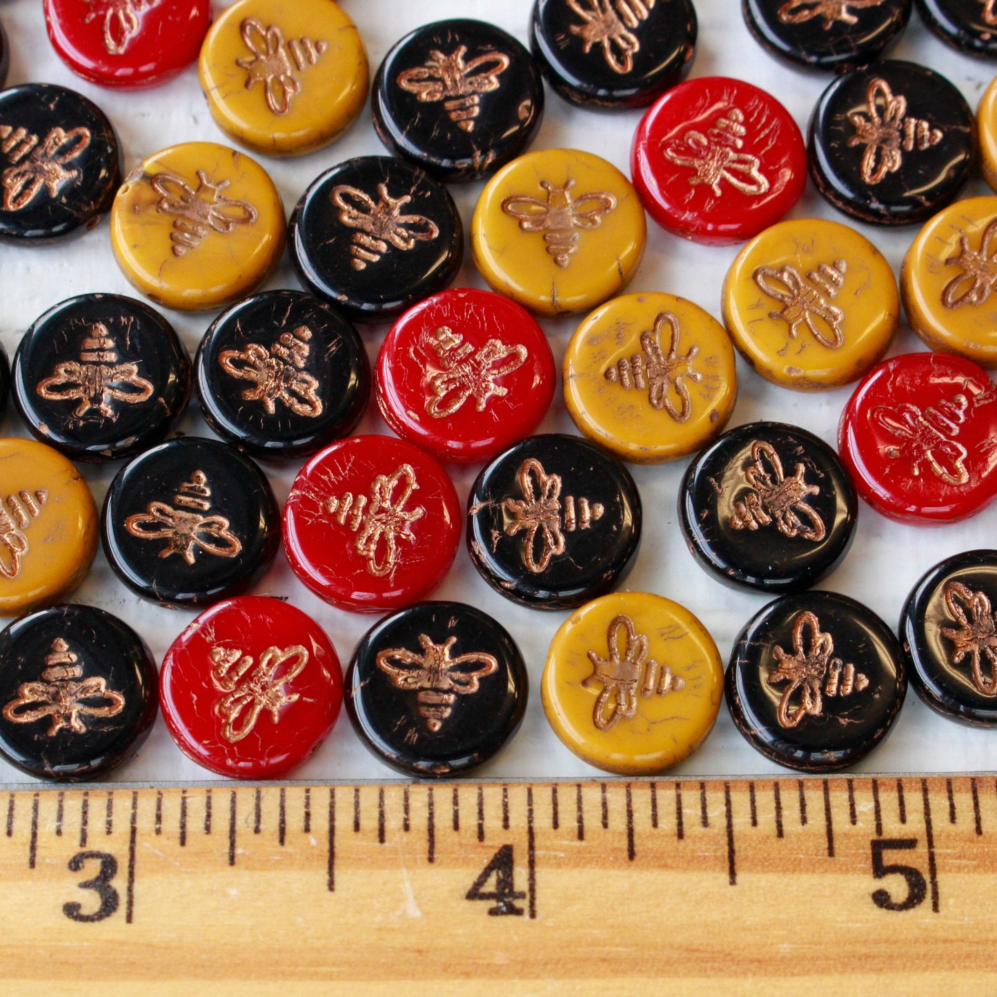 Load image into Gallery viewer, 12mm Honey Bee Coin Beads - Red - 12 Beads
