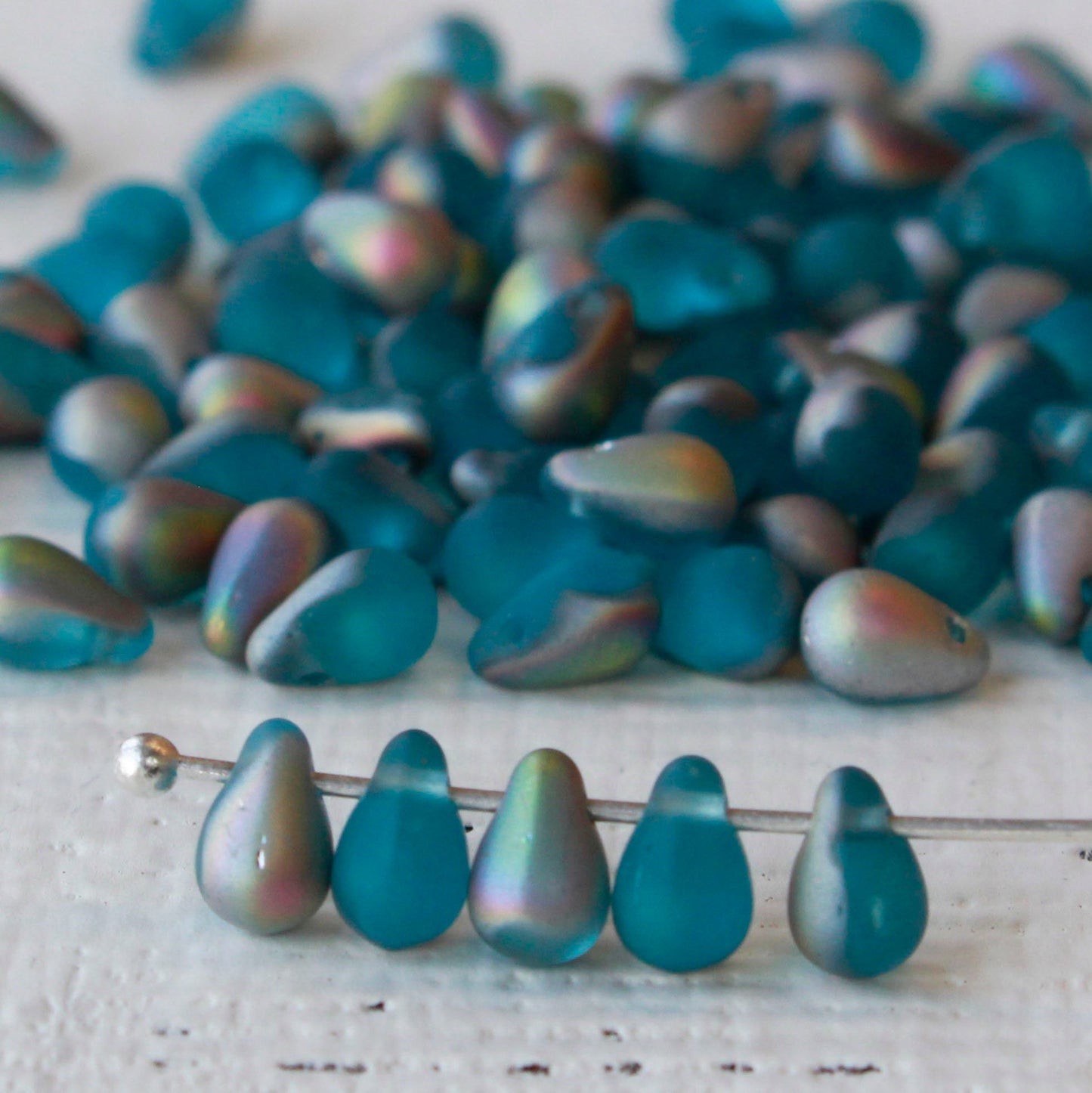 4x6mm Glass Teardrop Beads - Frosted Aqua & Silver - 100 Beads