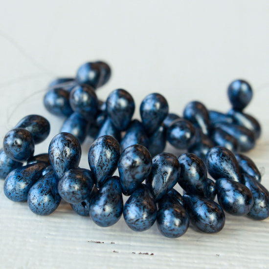 9x6mm Glass Teardrop Beads - Metallic Blue - 25 Beads