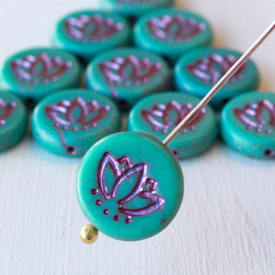 14mm Lotus Flower Coin Beads - Turquoise with Pink Wash -  6 beads