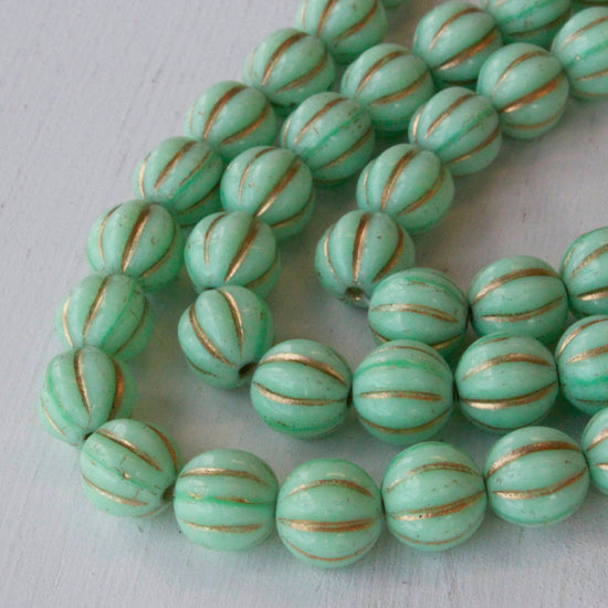 10mm Melon Beads - Green Mint with Gold Wash - 15 Beads