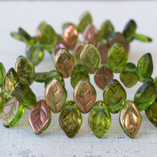 Czech Glass Leaf Beads -  - Olivine Glass Leaves with a Coppery Pink Finish - 8x12 (25 beads)