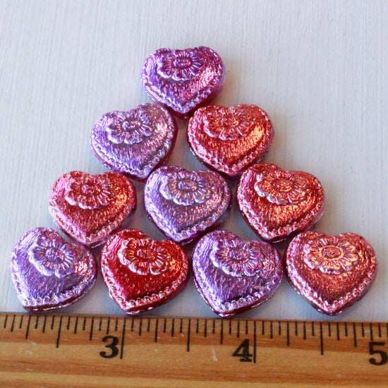 17mm Glass Heart Beads - Mixed Pink, Orange & Purple