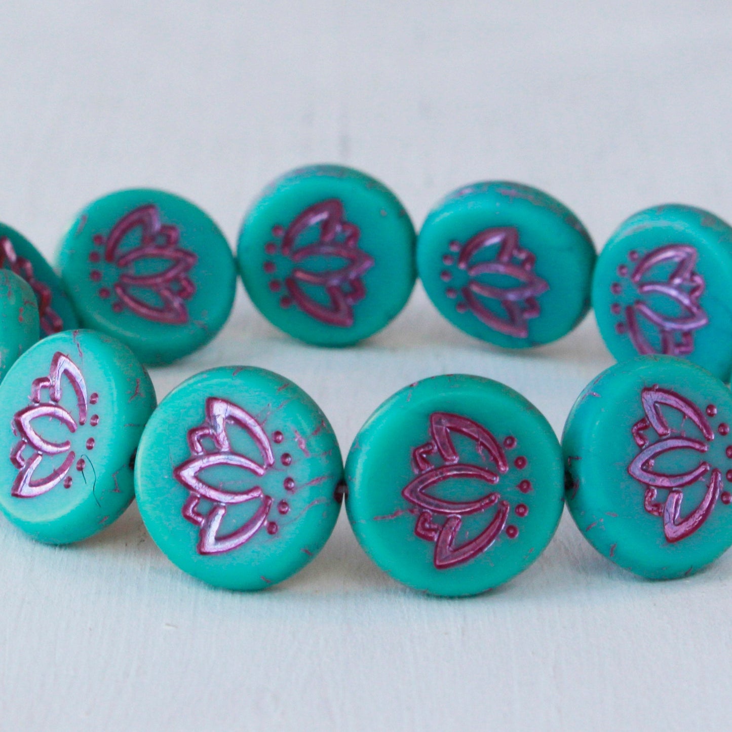 14mm Lotus Flower Coin Beads - Turquoise with Pink Wash