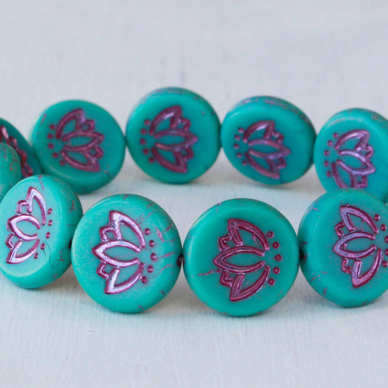 14mm Lotus Flower Coin Beads - Turquoise with Pink Wash -  6 beads