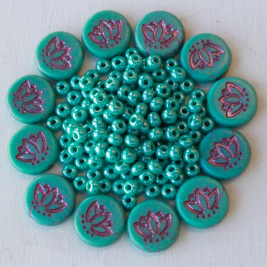 14mm Lotus Flower Coin Beads - Turquoise with Pink Wash -  6 beads