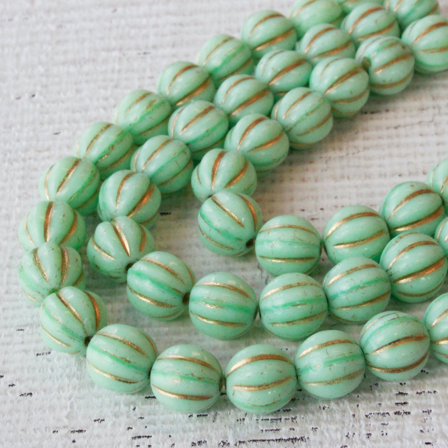 8mm Melon Beads - Green Mint with Gold Wash - 20 Beads