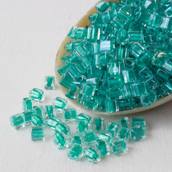 4mm Miyuki Cube Beads - Aqua Green Seafoam Lined Crystal