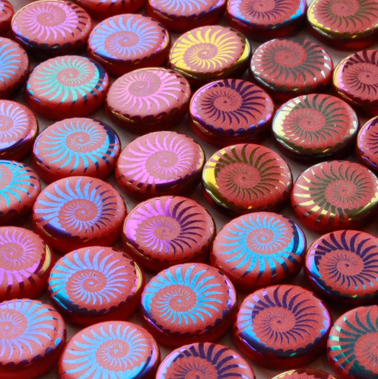 14mm Spiral Coin Bead -  Coral with a Rainbow Finish - 8 beads
