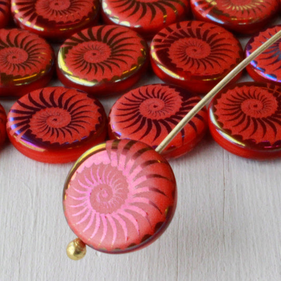 14mm Spiral Coin Bead -  Coral with a Rainbow Finish - 8 beads