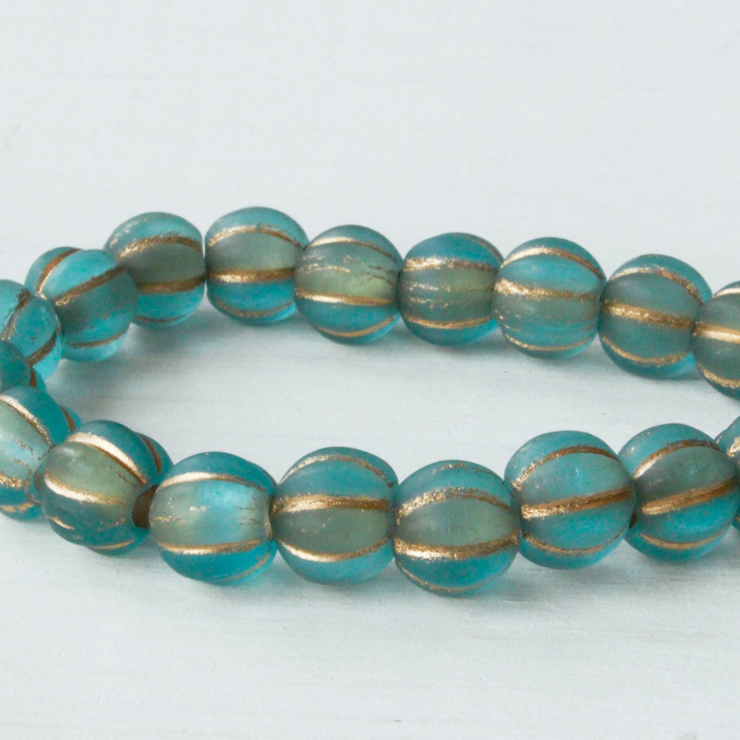8mm Melon Beads - Seafoam with Gold Wash - 20 Beads
