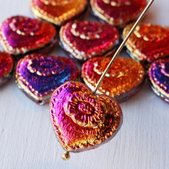 17mm Glass Heart Beads - Mixed Pink, Orange & Purple