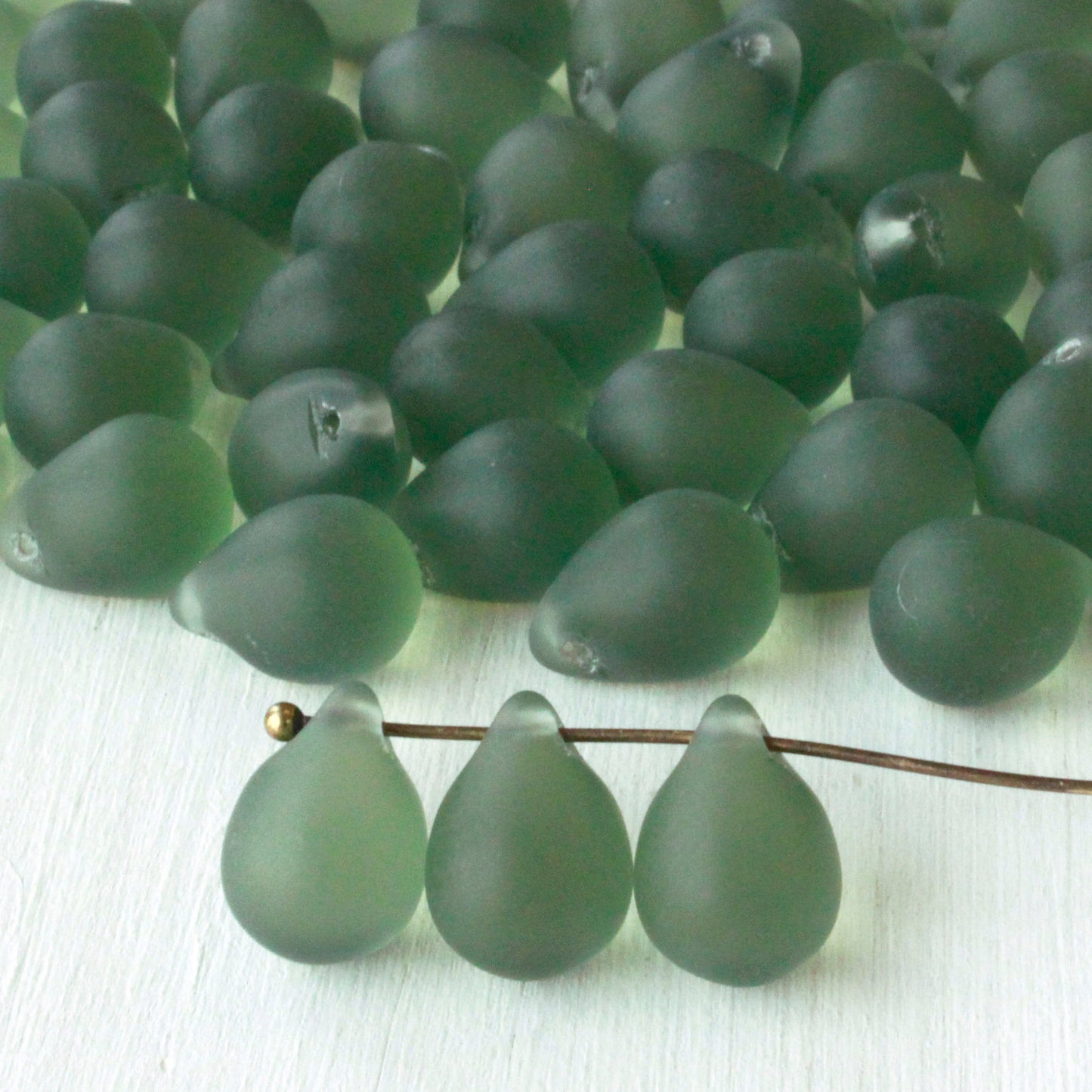 10x14mm Glass Teardrop Beads  - Sage Green Matte
