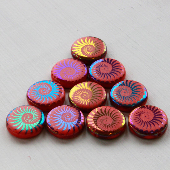 14mm Spiral Coin Bead -  Coral with a Rainbow Finish - 8 beads
