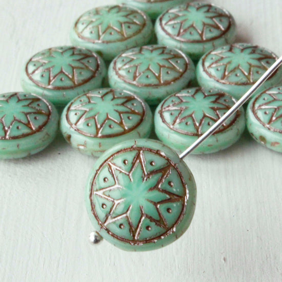 Load image into Gallery viewer, 13mm Star Of Ishtar Beads - Mint Glass with Platinum Wash
