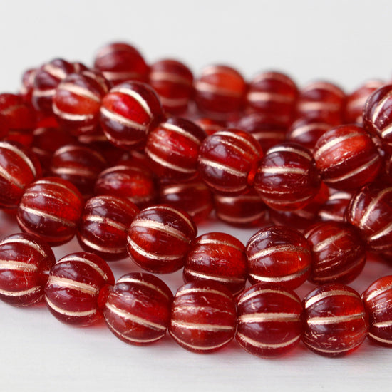 8mm Melon Beads - Red With Gold Wash - 20 Beads