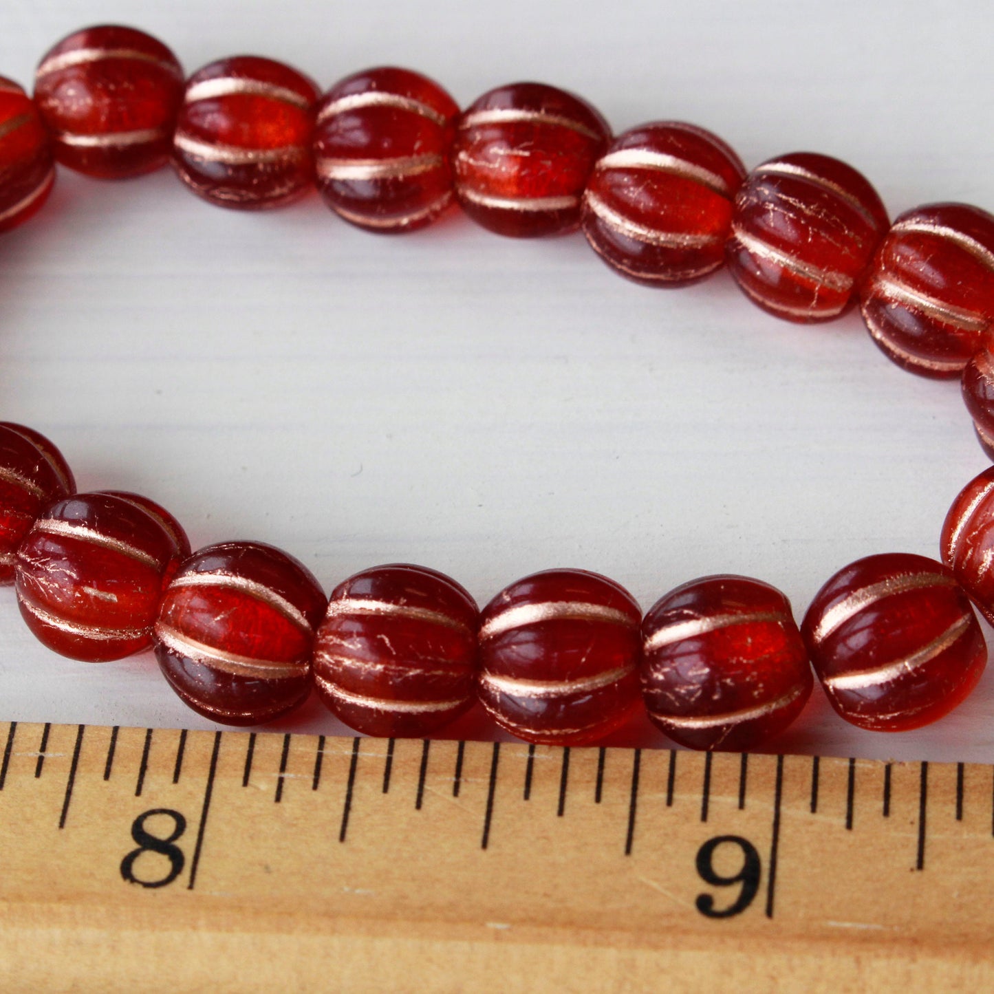 8mm Melon Beads - Red With Gold Wash - 20 Beads