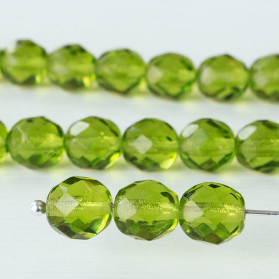 8mm and 10mm Firepolished Round Glass Beads - Olivine Green - Choose Amount
