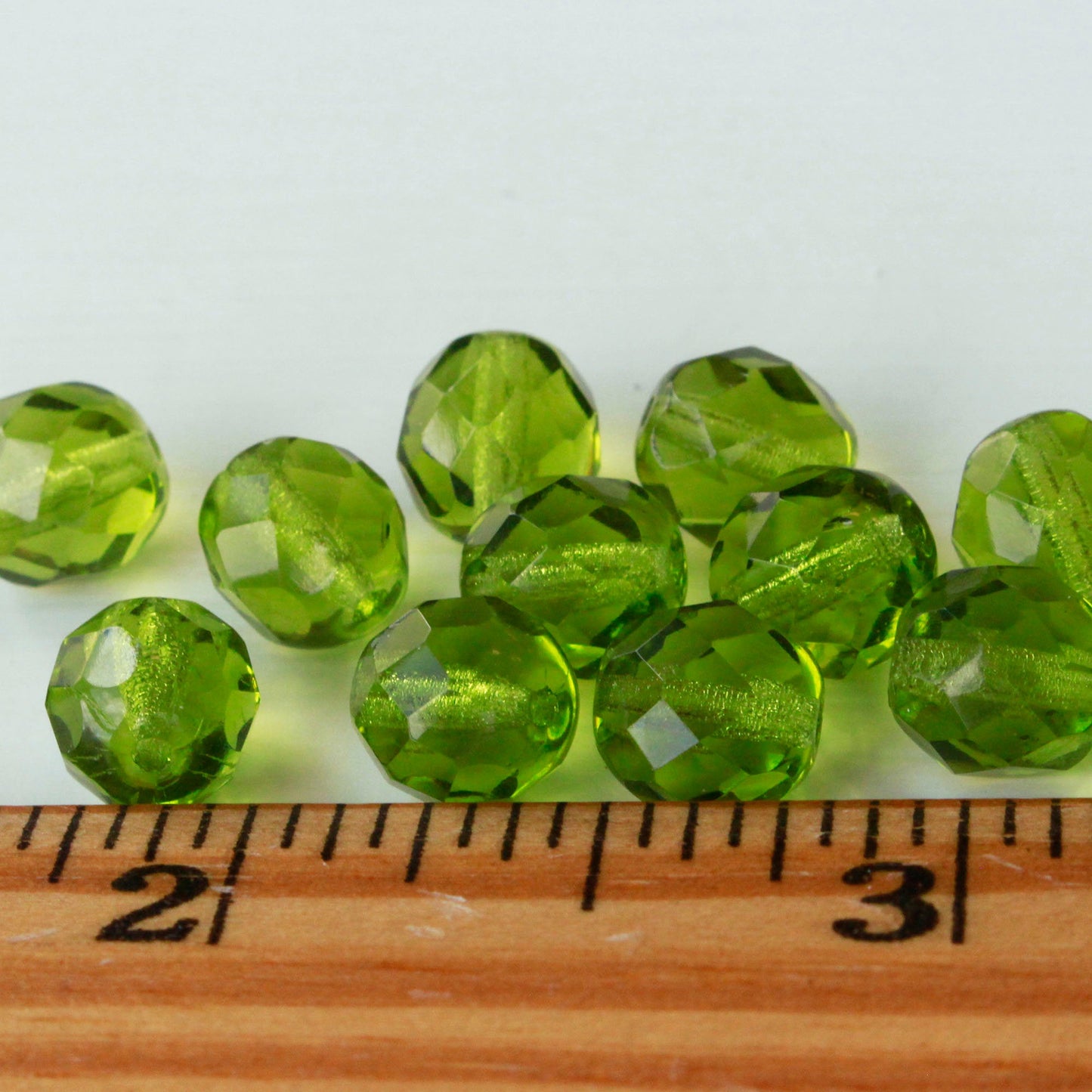 8mm and 10mm Firepolished Round Glass Beads - Olivine Green - Choose Amount