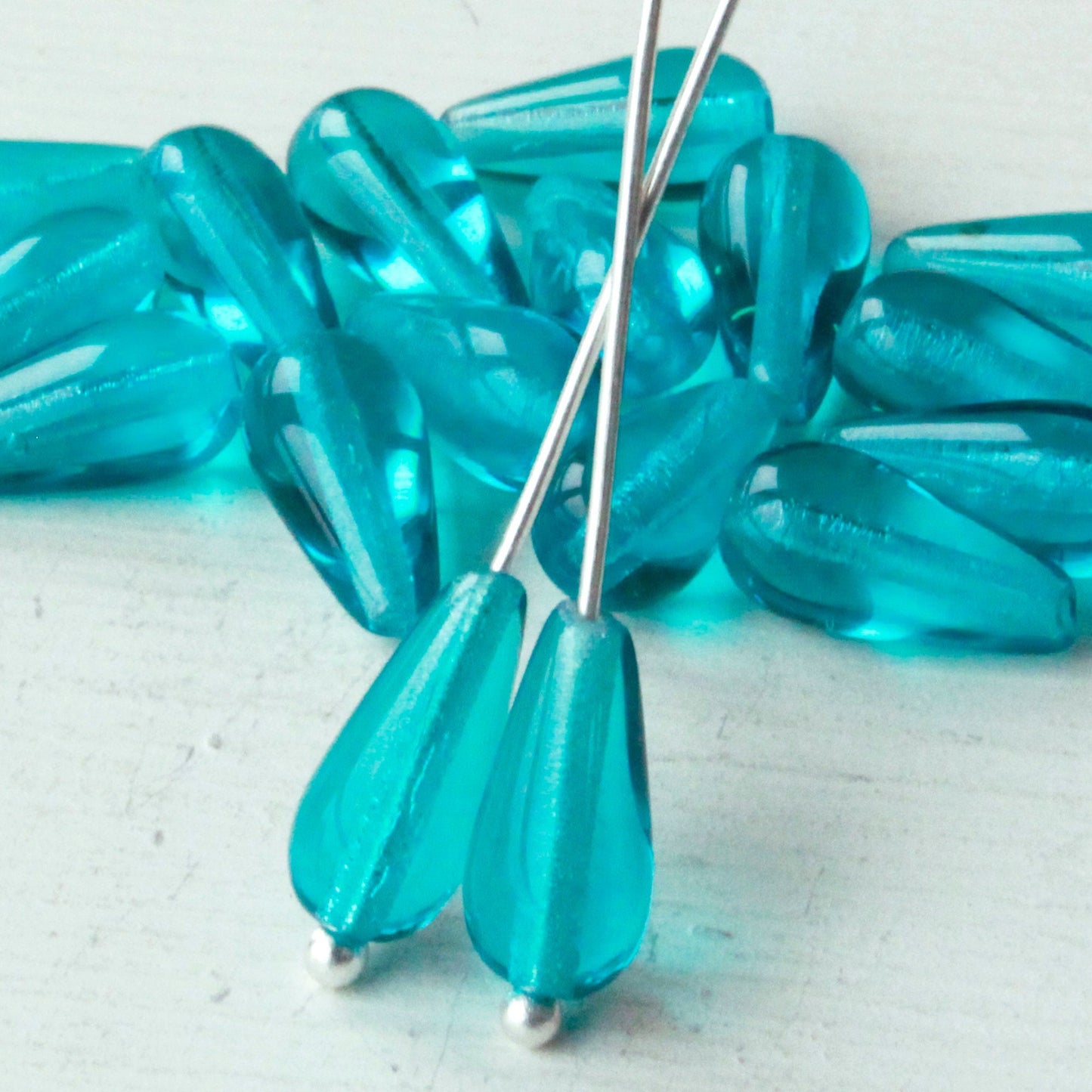 6x12mm Long Drilled Drops - Teal - 20 Beads