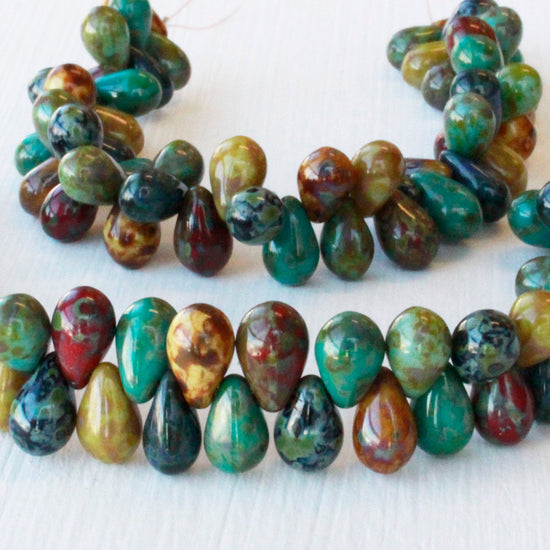 Load image into Gallery viewer, 6x9mm Glass Teardrop Beads - Picasso Mix - 50 beads
