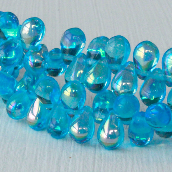 6x8mm Glass Teardrop Beads - Aqua AB - 50 Beads