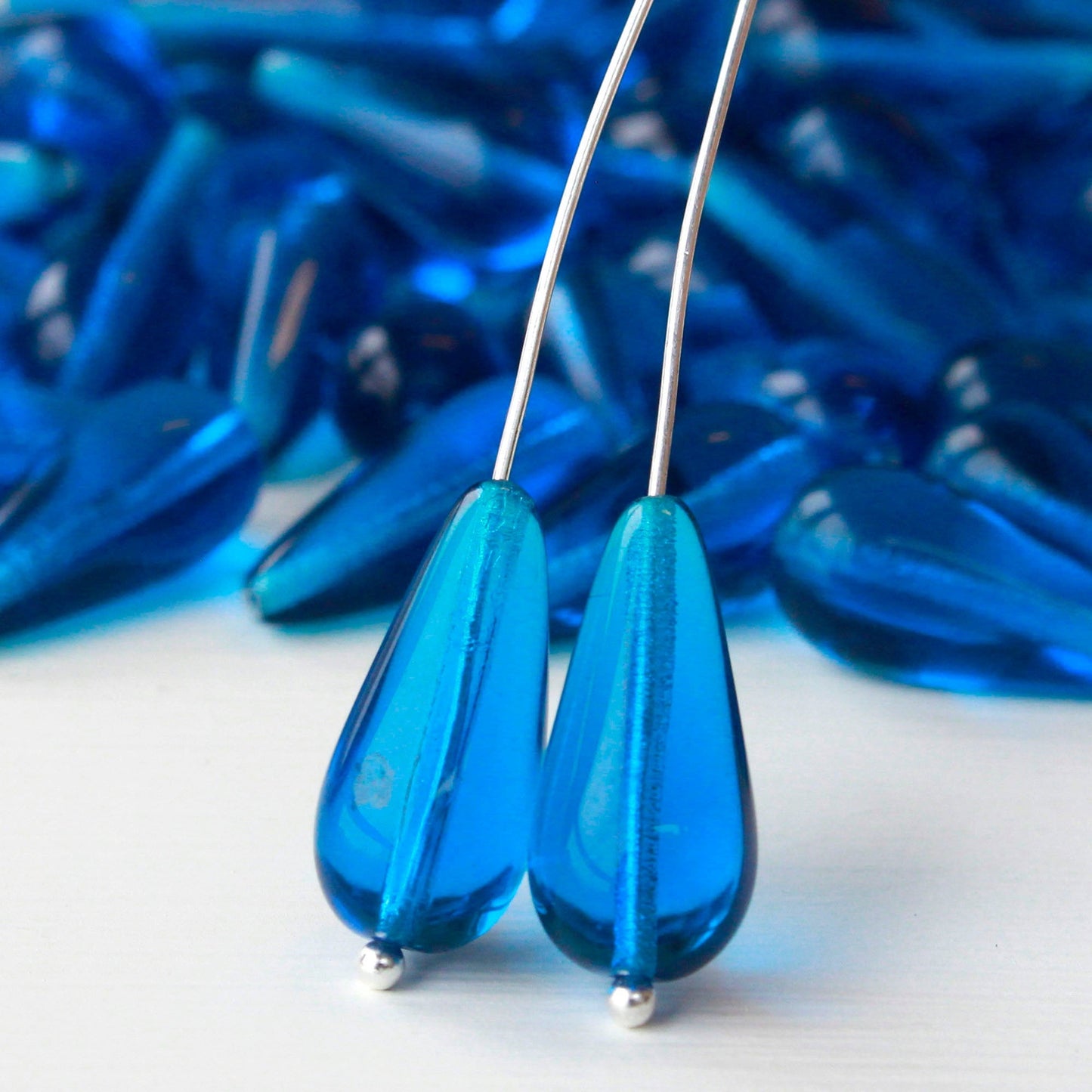 9x20mm Glass Teardrop Beads - Capri Blue - 20 Beads