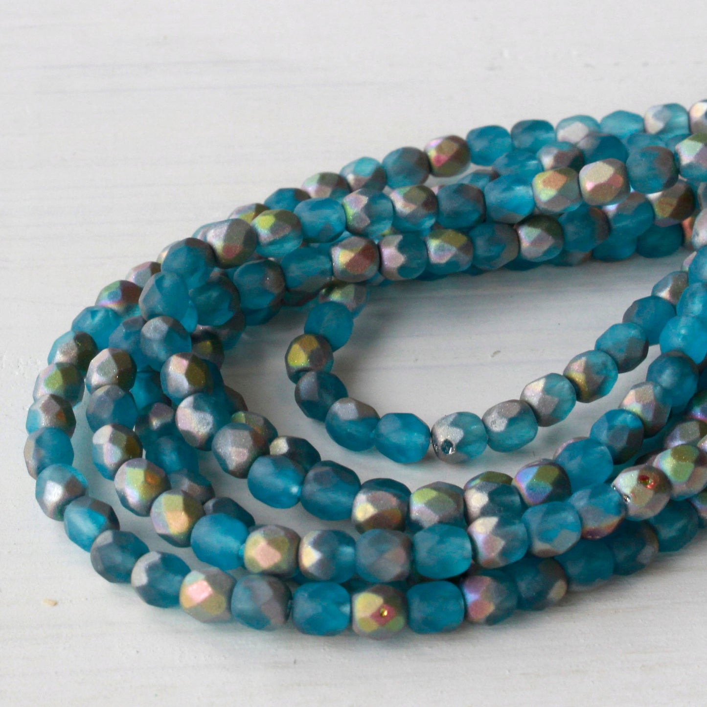 4mm Round Firepolished Beads - Matte Teal with Matte Silver Coat - 50 Beads
