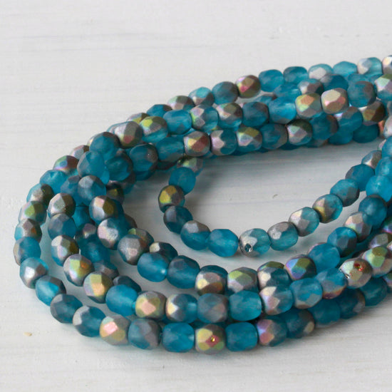 4mm Round Firepolished Beads - Matte Teal with Matte Silver Coat - 50 Beads