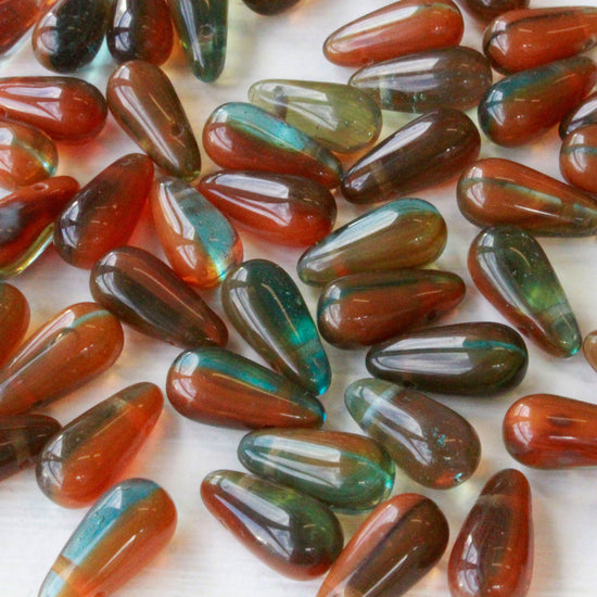 Load image into Gallery viewer, 6x13mm Glass Teardrop Beads - Aqua and Amber - 27 Beads
