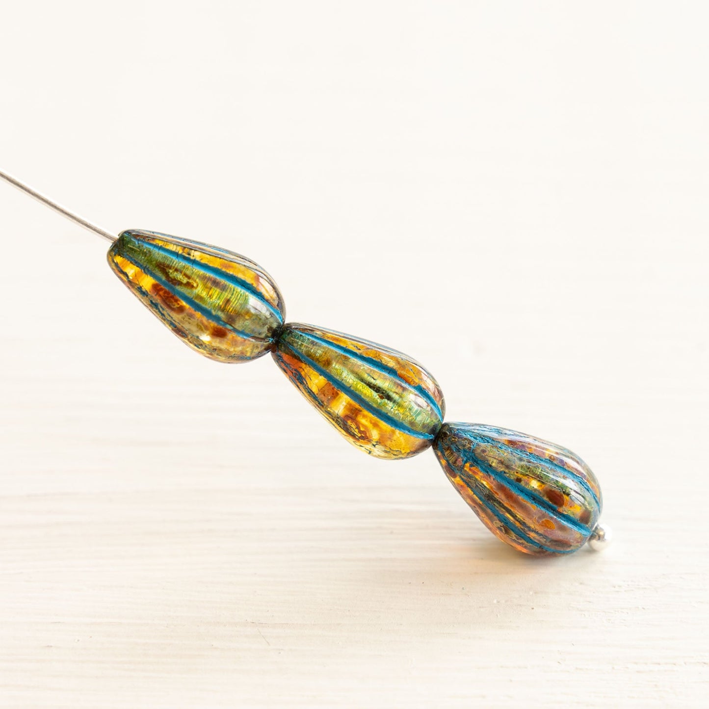 8x13mm Melon Drop - Amber Picasso and Aqua Blue - 10 Beads