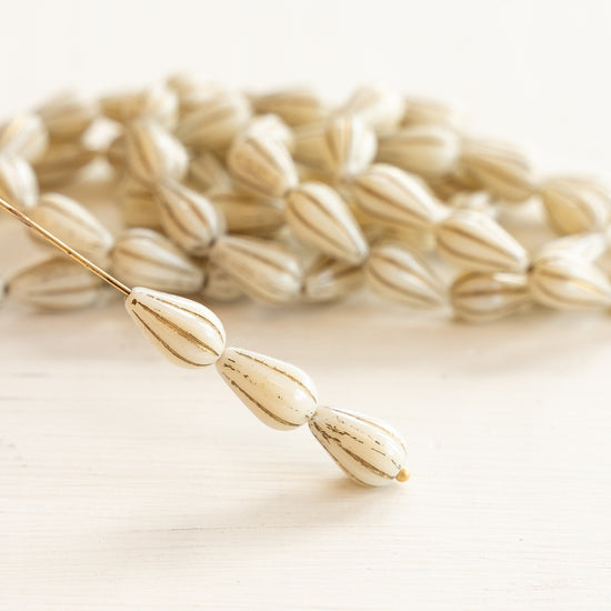 8x13mm Melon Drop - Opaque Ivory with Gold Wash - 10 Beads