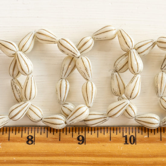 8x13mm Melon Drop - Opaque Ivory with Gold Wash - 10 Beads