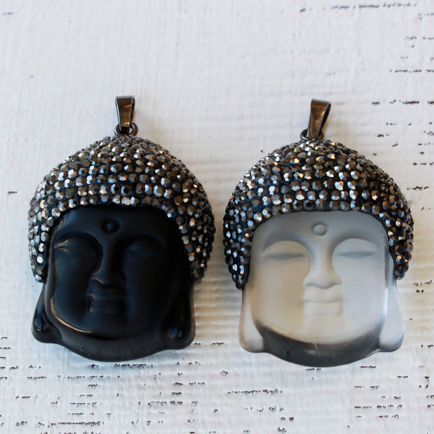 Crystal Pave on Black Obsidian Buddha Pendant Beads - 1 Pendant