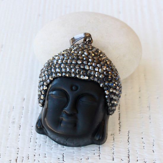 Crystal Pave on Black Obsidian Buddha Pendant Beads - 1 Pendant