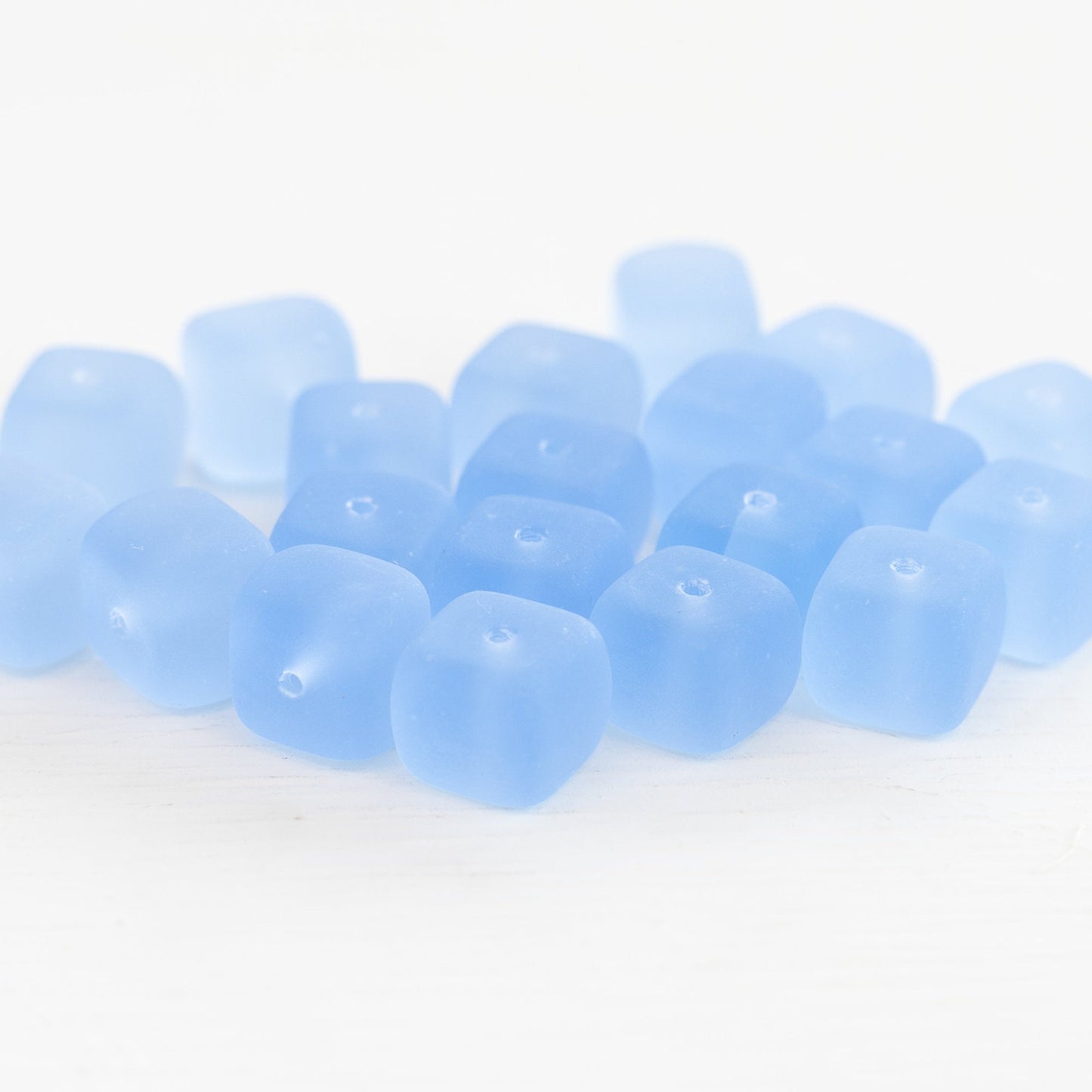 9x11mm Frosted Glass Cube Beads - Lt. Sky Blue - Choose Amount