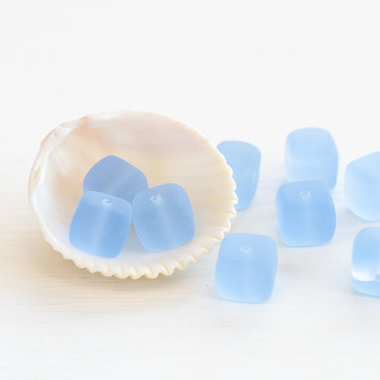 9x11mm Frosted Glass Cube Beads - Lt. Sky Blue - Choose Amount