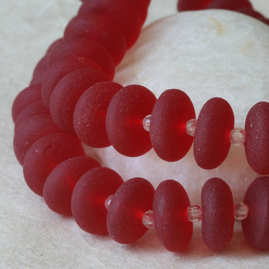 5x12mm Frosted Glass Rondelle - Red - 28 Beads