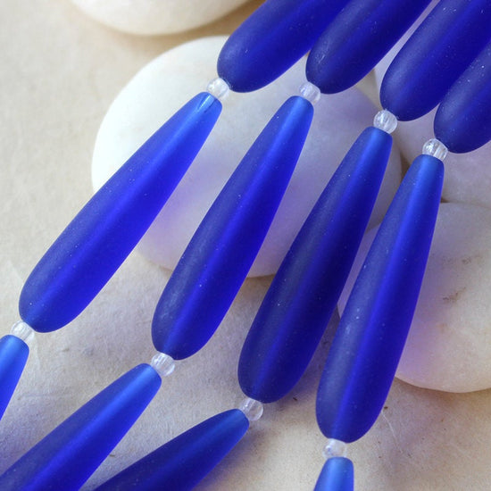 8x38mm Frosted Glass Long Drill Drops - Cobalt Blue - 10 Beads