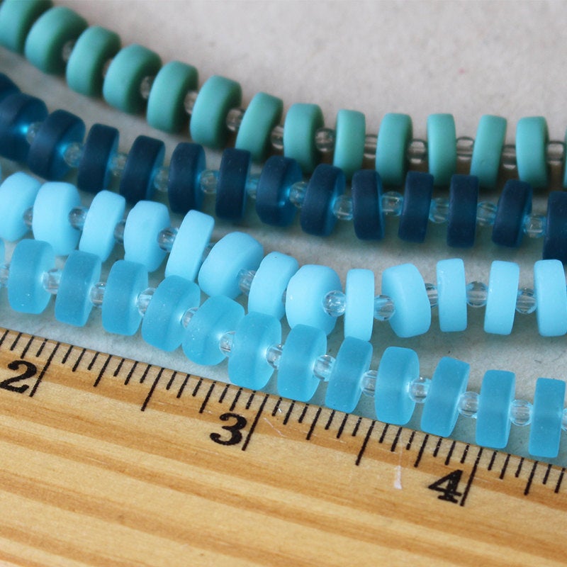 9mm Frosted Glass Heishi Beads - Teal - 16 Inches