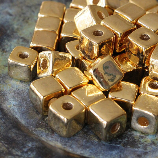 Load image into Gallery viewer, 7mm Ceramic Cube Beads - 24k Gold - 10 0r 30

