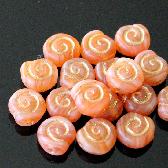 Load image into Gallery viewer, 8mm Spiral Coin Beads - Peach with Gold Decor - 25 Beads
