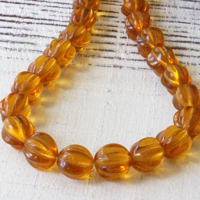 10mm Glass Melon Beads - Amber - 20 Beads