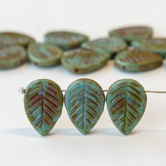 Load image into Gallery viewer, 12x16mm Large Glass Leaf Beads - Turquoise Picasso - 10 Leaves
