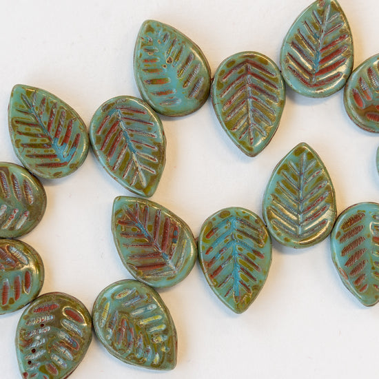 Load image into Gallery viewer, 12x16mm Large Glass Leaf Beads - Turquoise Picasso - 10 Leaves
