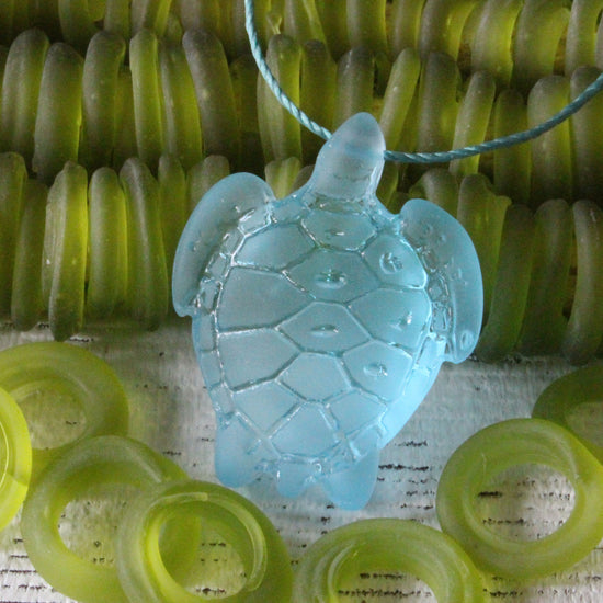 Large Frosted Glass Turtle Pendants - Light Aqua Blue - 2 Beads