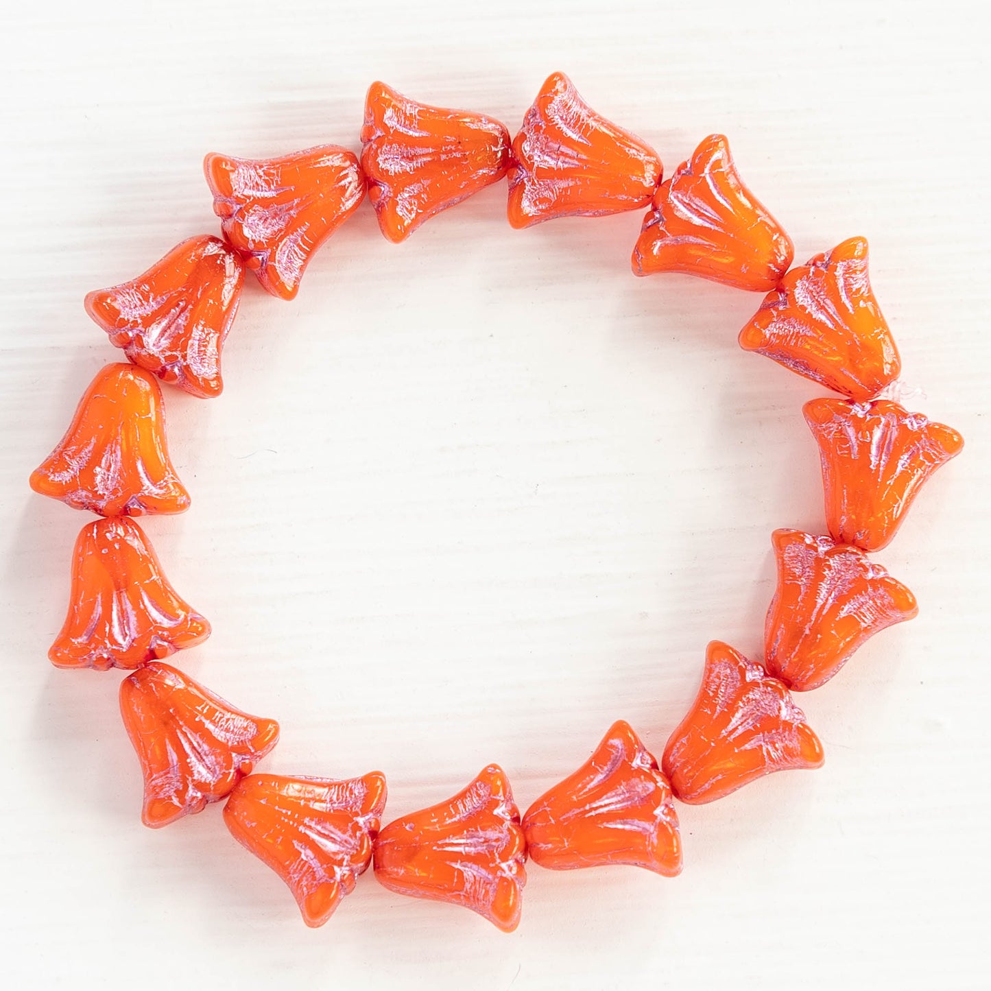 9x10mm Lily / Tulip Flower Beads - Orange Opaline with Shiny Pink Wash - 15 Beads