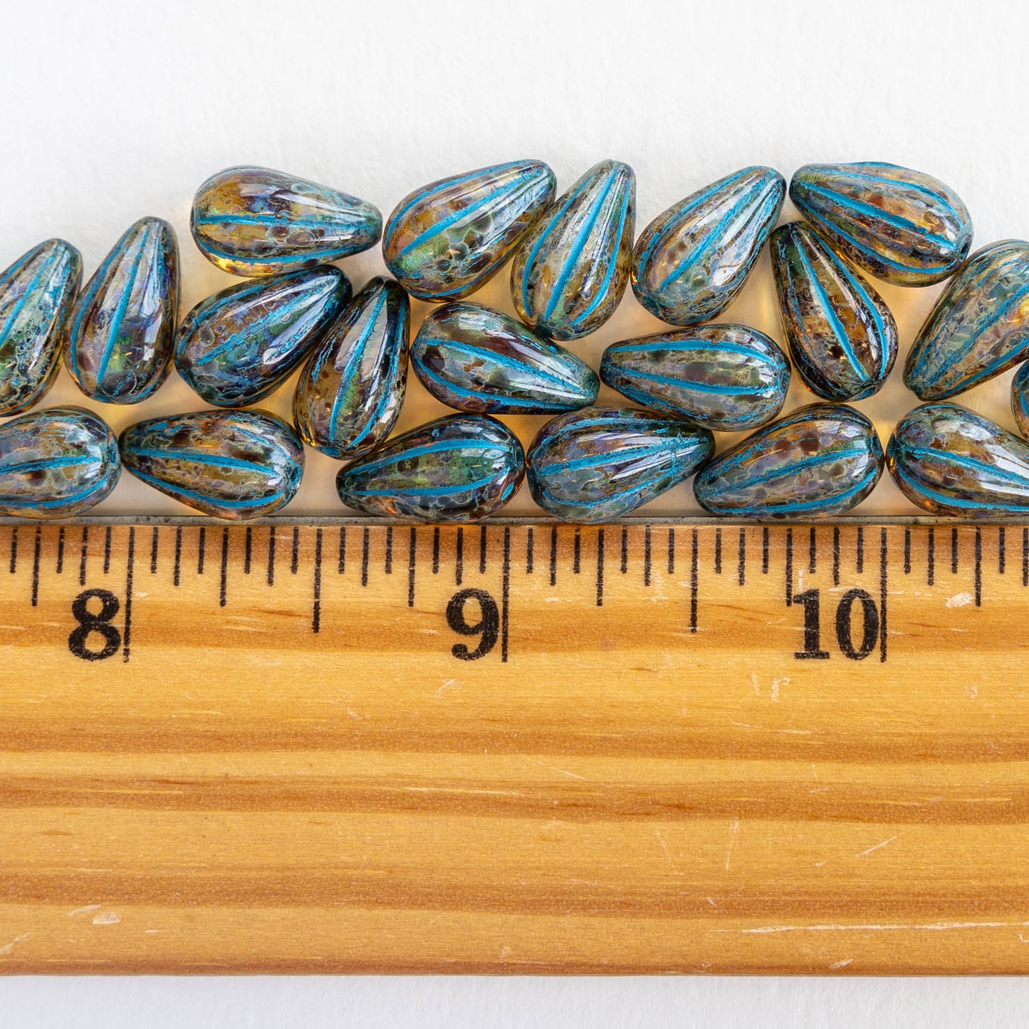 8x13mm Melon Drop - Amber Picasso and Aqua Blue - 10 Beads