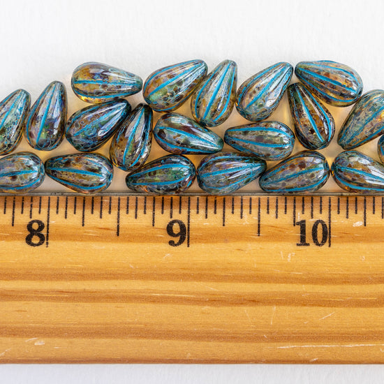 8x13mm Melon Drop - Amber Picasso and Aqua Blue - 10 Beads